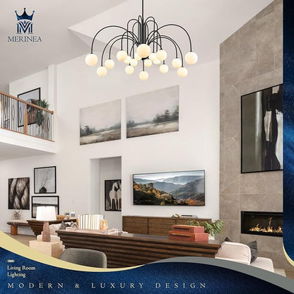 18 Lights Extra Large Sputnik Chandelier L59’’ Mid Century Black Milk Glass Globe Ceiling Pendant Light Fixture Contemporary for Foyer Staircase Living Dining Room High Ceiling
