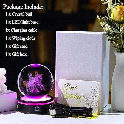 YWHL 3D Horse Figurine Crystal Ball with Colorful Light Base, Glass Horse Gifts for Women Girls on Birthday Christmas, Laser Engraved Horses Statue Sphere Decor for Home Office(80mm)