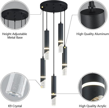 Modern Dimmable Led Pendant Lights Kitchen Island, Ideal for Living Room, Bedroom,Sink 30w LED Crystal Energy-Saving Hanging Lamp for Cozy Lighting (Black 5 Light)