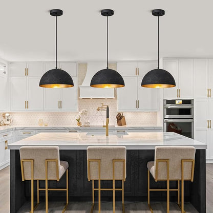 11.8" Farmhouse Pendant Light,Black with Gold Grain Industrial Dome Chandelier 2 Pack,Adjustable Vintage Pendant Lights Kitchen Island for Dining Room,Bedroom,Hallway