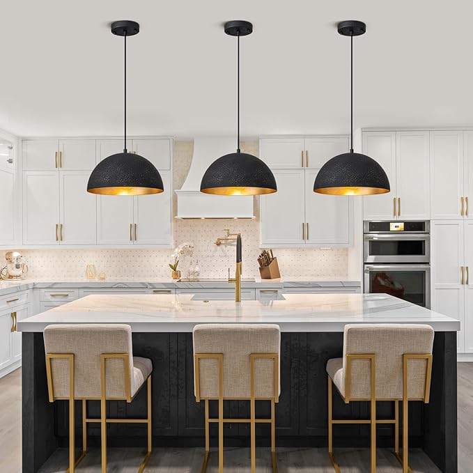 Farmhouse Pendant Light,11.8" Black with Gold Grain Industrial Dome Chandelier,Adjustable Vintage Pendant Lights Kitchen Island for Dining Room,Bedroom,Hallway
