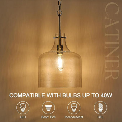 CATINER 12" Gold Glass Pendant Light, Seeded Bubble Shade Modern Farmhouse Hanging Light for Kitchen Island, Dining Room, E26 Dimmable Ceiling Fixture