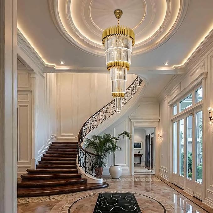 Luxury Gold Crystal Chandelier for High Ceiling 5-Tier Large Stair Chandelier for Foyer Living Room 24″W x 48″H with 100″ Chain 15-Light
