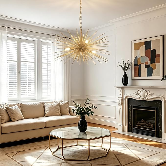 31in Modern Gold Sputnik Chandelier 4-Light Mid-Century Starburst Chandelier Light Fixture Over Table Large Satellite Chandeliers for Dining Room Foyer Entryway Kitchen Bedroom Living Room E12