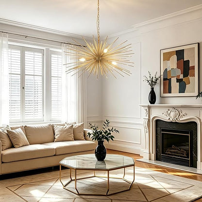 31in Modern Gold Sputnik Chandelier 4-Light Mid-Century Starburst Chandelier Light Fixture Over Table Large Satellite Chandeliers for Dining Room Foyer Entryway Kitchen Bedroom Living Room E12