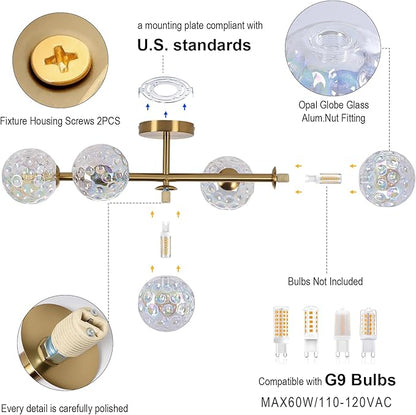 Gold Brass Globe Vanity Light - Vintage 5-Lights Wall Sconce - Sphere Round Lights Fixture with Stained Hammered Glass Shade - Mid Century Modern Sconces for Bathroom Bedroom Living Room Entry Porch