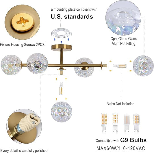 Gold Brass Globe Vanity Light - Vintage 5-Lights Wall Sconce - Sphere Round Lights Fixture with Stained Hammered Glass Shade - Mid Century Modern Sconces for Bathroom Bedroom Living Room Entry Porch