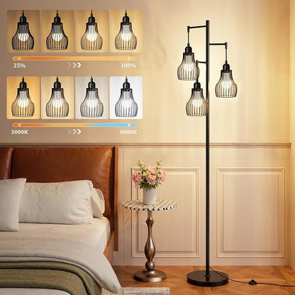 Ziisee Dimmable Floor Lamps for Living Room, Farmhouse Tree Standing Tall Lamp with Remote Control 3 Elegant Cage Shade LED Bulbs for Bedroom Office - Black