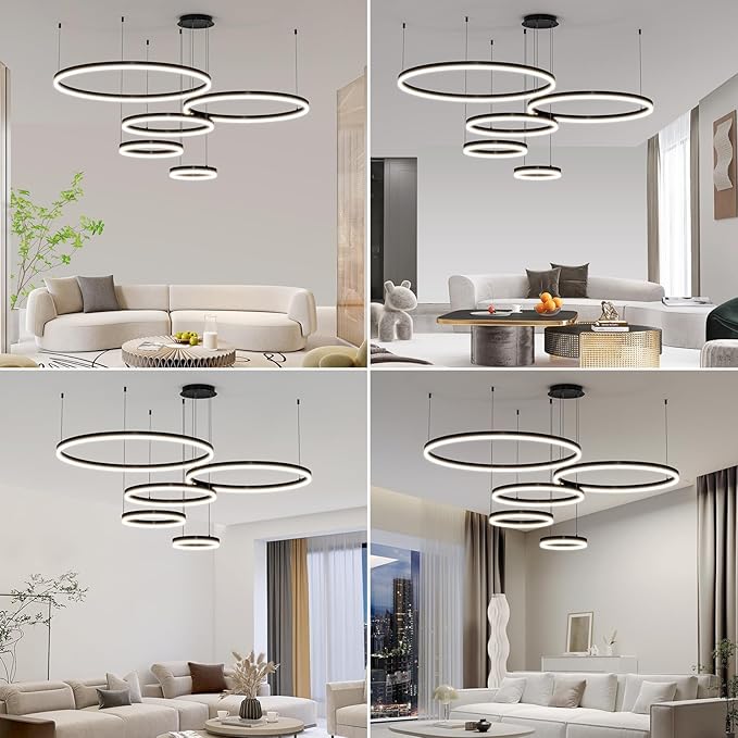 Mikeru Modern 5 Ring Chandelier Light, LED Pendant Light Fixtures with Remote Control 3000k-6500K Adjustable Color Temperature Light for Living Room, Kitchen (11.8+15.7+23.6+31.5+39.5in)