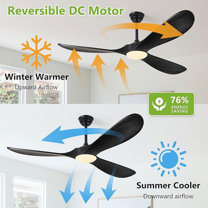 Haipeel Ceiling Fans with Lights, 60 Inch Solid Wood Black Ceiling Fans with Lights and Remote Control for Outdoor Ceiling Fan with Light Propeller for Porch Farmhouse, DC ETL Listed, Matte Black