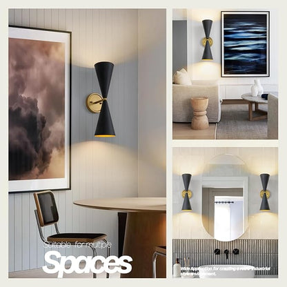 Modern Black Gold Wall Sconce, Vintage Double Heads Up and Down Sconces Wall Lighting, Indoor Hardwired Wall Lamp Fixture for Bathroom Bedroom Living Room Hallway