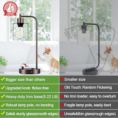 Lynnoland Set of 2 Oil Rubbed Bronze Table Lamps with USB C+A Ports and Outlet, Fully Stepless Dimmable Bedside Lamps, Industrial Desk Lamps with Clear Glass Shade for Living Room (2 LED Bulb)