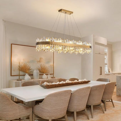 Siljoy Modern Crystal Chandelier, L52'' Luxury Rectangular Brushed Brass Gold Crystal Raindrop Chandelier Large Oval Crystal Pendant Ceiling Light Fixture for Dining Room Kitchen Island, E12 x 20