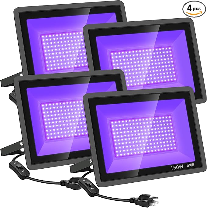 YANYCN 4 Pack 150W LED Black Lights, Blacklight Flood Light Outdoor with Plug and Switch, IP66 Waterproof for Dance Party, Glow in The Dark, Halloween Lights, Body Paint, Fluorescent Poster