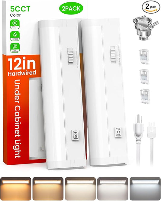 ALUSSO 12 Inch LED Under Cabinet Lighting Hardwired & Plug in 120V, 5CCT Color Selectable 2700K-5000K Dimmable 6W 510LM High Brightness, Strip Linkable Under Counter Lights for Kitchen Sink, 2 Pack