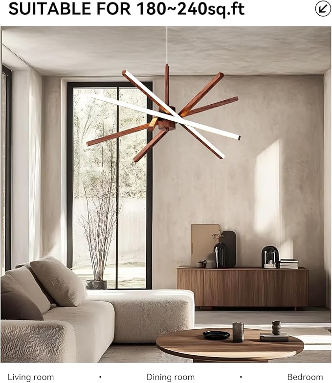 Modern Sputnik Chandelier Ceiling LED Black Pendant Light Embedded Mount Chandeliers Dining Room Light Fixtures Over Table Dimmable with Remote Control for Living Room Kitchen Bedroom (Wood Color)
