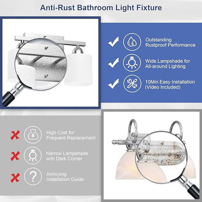 Bathroom Lighting Fixtures Over Mirror Brushed Nickel, Anti-Rust 2-Light Bathroom Vanity Lights, Modern 18Inches Wall Sconces E26 Base, Milky White Glass Shades, Bulbs Not Included