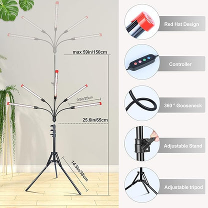 FECiDA Gamechanger! 45 Watt Power Draw, NO Need Adapter, 5Head Grow Light with Tripod Stand, 2026 Big Coverage LED Grow Lights for Indoor Tall Plants, Bonsai Tree, 4/8/12/16/20H Timer