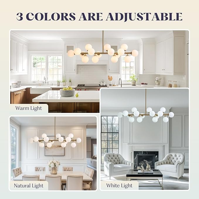 Mid Century Modern Chandelier Over Table, 16-Light Globe Sputnik Chandelier Rectangle Pendant Lighting Fixture Hanging Ceiling Light for Dining Room, Kitchen Island