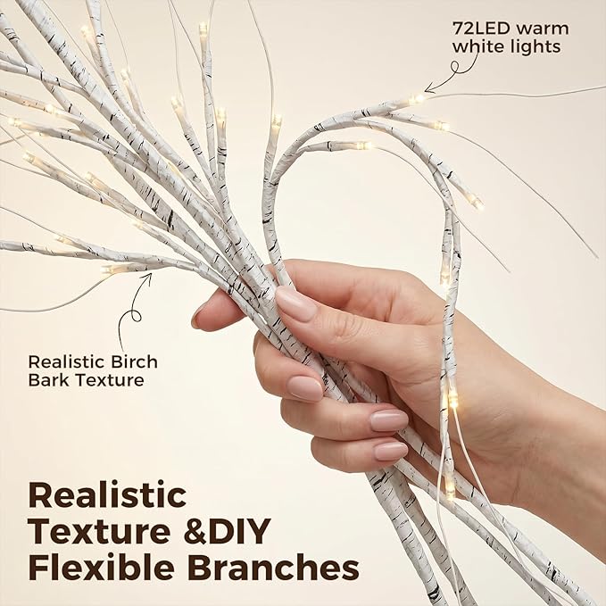 Bexdir Birch Vine with Lights with Timer 6ft 72LED, Artificial Tree for Walls Birch Twig for Room Decor Mantle Fireplace Holiday Christmas Decorations Birch Branches - Battery Operated