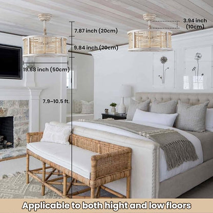 ainqiant 20 Inch Rattan Caged Ceiling Fan with Light, Boho White Fandelier Ceiling Fan with Lights and Remote, Enclosed 6 Speed for Bedroom Kitchen Dining Room