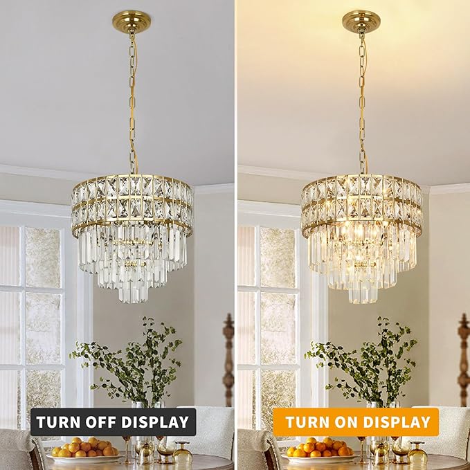 Modern Crystal Chandelier Gold Pendant, Round Crystal Light Fixture Hanging Lamp, for Dining Room, Restaurant, Hallway, Balcony, Φ15.7 inch