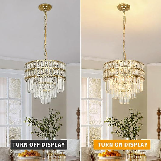 Modern Crystal Chandelier Gold Pendant, Round Crystal Light Fixture Hanging Lamp, for Dining Room, Restaurant, Hallway, Balcony, Φ15.7 inch