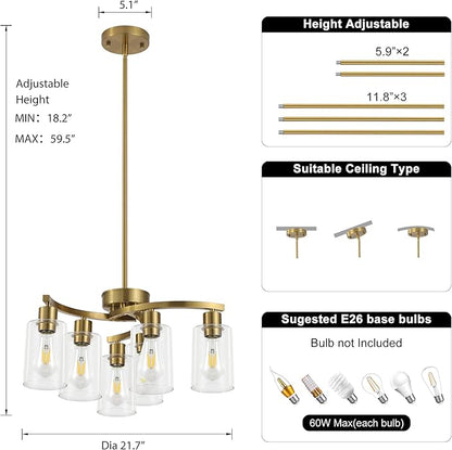 6 Light Gold Dining Room Light Fixture，Modern Farmhouse Kitchen Chandeliers Over Table，Adjustable Height Hanging Pendant Lighting for Kitchen Island ，with Glass Shade