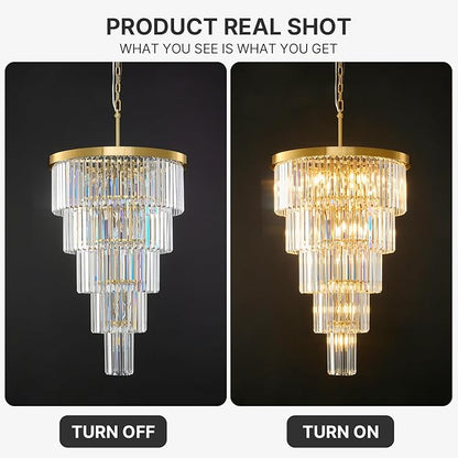 High Ceiling Chandelier Crystal Modern: 24" 5-Tiered Dimmable Staircase Chandeliers - Large Long Gold Hanging Pendant Light Fixture For Entryway Foyer Living Room - Round Flush Mount Ceilings Lights