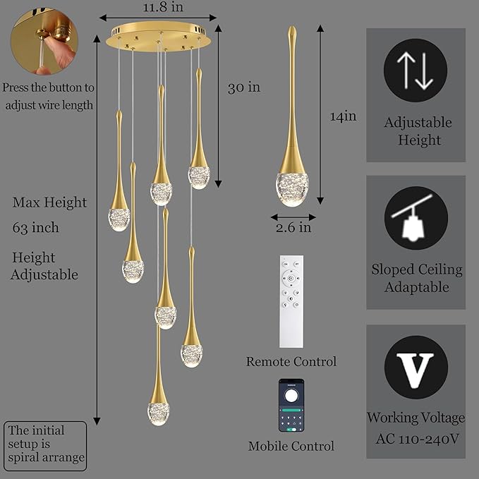 Modern Crystal Chandelier 7-Lights Gold, H60'' High Ceiling Spiral Dimmable LED Bubble Crystal Raindrop Light Fixture for Foyer Entryway Dining Room Remote Control