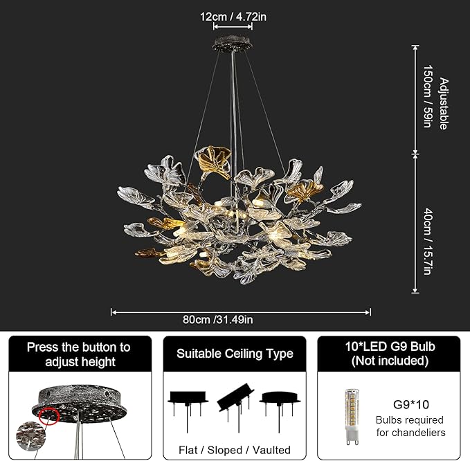 AioTio Black Modern Chandeliers for Dining Room, D31.5''Tree Branch Round Glass Ginkgo Leaf Farmhouse Chandelier,Large Ceiling Hanging Vintage Chandelier for Living Room,Entryway,Kitchen Island,Foyer