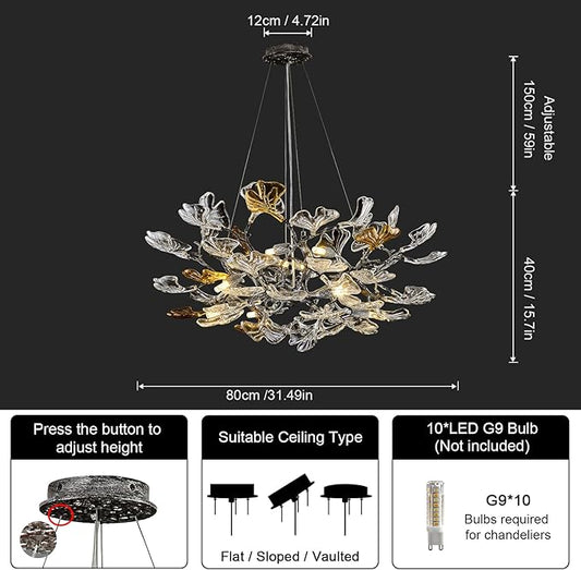 AioTio Black Modern Chandeliers for Dining Room, D31.5''Tree Branch Round Glass Ginkgo Leaf Farmhouse Chandelier,Large Ceiling Hanging Vintage Chandelier for Living Room,Entryway,Kitchen Island,Foyer
