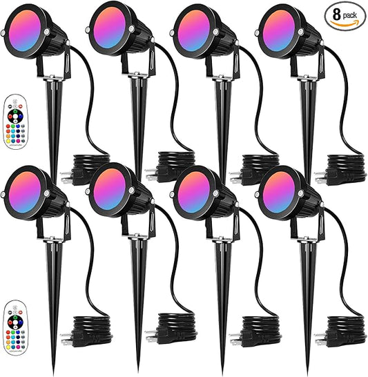 12W RGBW Landscape Spotlight,Color Changing120V Landscape Lighting with Remote,IP65 Landscape Lights 16 Colors +Warm White Garden Decorative Lamp with US 3 Prong(8Pack)