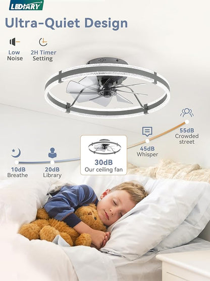 LEDIARY Ceiling Fans with Lights and Remote, 24'' Low Profile Ceiling Fan with Light, 3000-6000K Dimmable Fandelier Ceiling Fans, Modern Flush Mount Fan for Bedroom with 6 Wind Speeds- Sandy Gray