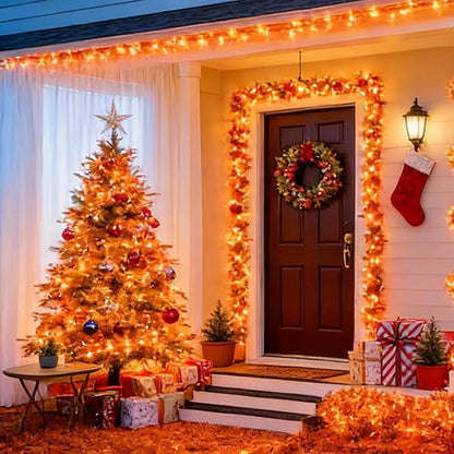 LAMPHOME Orange Thanksgiving Mini Lights, 200LED 66Ft Autumn Fall String Lights,16 Modes Connectable 120V Plug in for Outdoor Indoor Garden Party Halloween Christmas Xmas Tree Light Decor