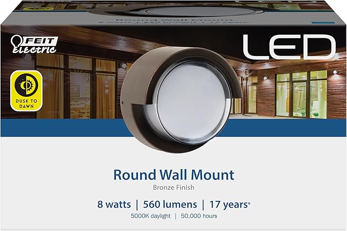 Feit Electric Outdoor LED Wall Sconce, Round Wall Mount Light Fixture, Dusk-to-Dawn, 5000K Daylight, Hardwired, Bronze Finish, Polycarbonate Lens, 50,000-Hour Lifetime, S5RWM/850/DD/BZ