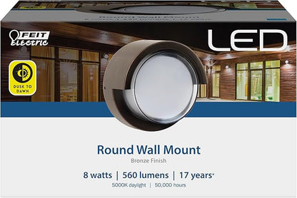 Feit Electric Outdoor LED Wall Sconce, Round Wall Mount Light Fixture, Dusk-to-Dawn, 5000K Daylight, Hardwired, Bronze Finish, Polycarbonate Lens, 50,000-Hour Lifetime, S5RWM/850/DD/BZ