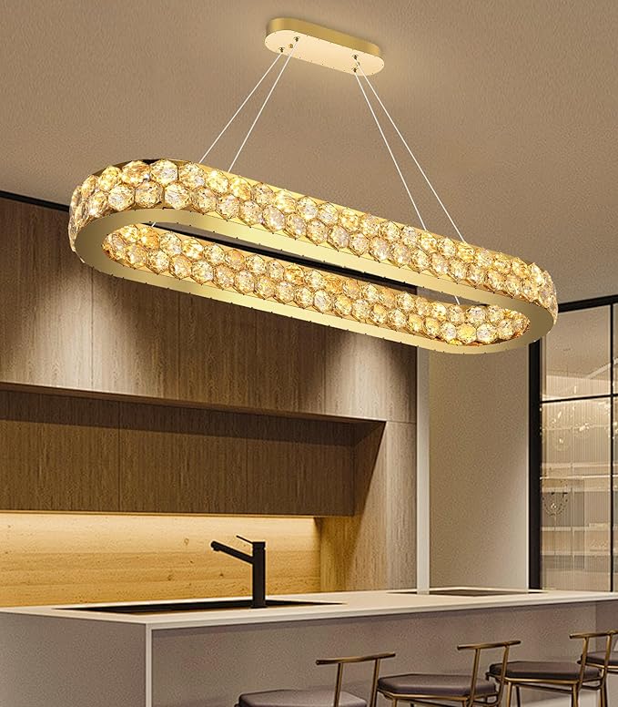 40'' Modern Oval Chandelier Crystal Chandeliers for Dining Room Round Ceiling Light Fixture for Living Room Lighting LED Dimmable with Remote Ring Lights Gold