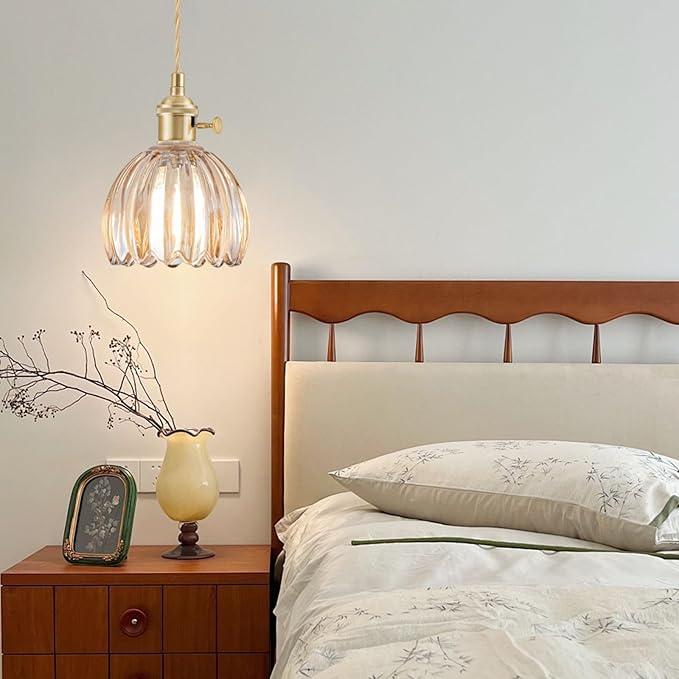 Mini Pendant Lights Kitchen Island 3 Pack, Small Adjustable Pendant Light Fixture with Amber Tulip Glass Lampshade, Vintage Gold Pendant Lighting, Pendant Light for Bedroom Dining Room Hallway