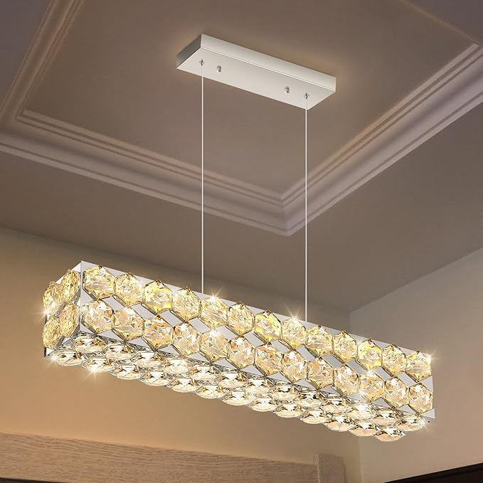 24'' Modern Crystal Chandelier for Dining Room Ceiling Light Fixture for Living Room Hallway Lighting LED Dimmable with Remote Silver