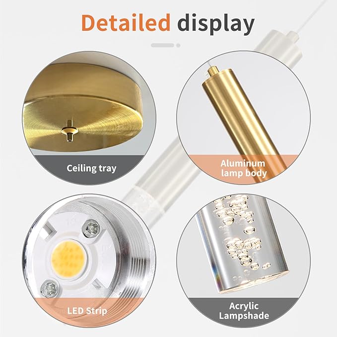 2 Pack Minimalist Kitchen Island Pendant Lights, Gold Modern Linear Hanging Light Fixture, Bubble Acrylic, Adjustable 3000K/4500K/6500K, LED Ceiling Light for Dining Room, Bedroom, Bathroom