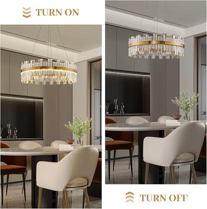 Gold Modern Crystal Led Chandelier: 23.6" Dimmable K9 Crystals Chandeliers over Table - Golden Luxury Glass Round Chandelier - Height Adjustable Drum Chandelier with Remote for Dining Room Living Room