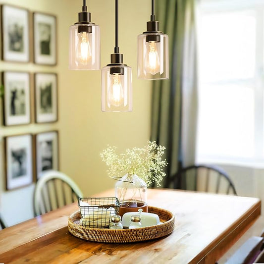MAXvolador Industrial 3-Light Pendant Light, Adjustable Hanging Light Fixture with Clear Glass Shade, Pendant Lighting E26 Base Ceiling Lamp, Oil-Rubbed Bronze