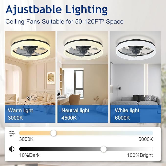 DLLT LED Ceiling Fan with Light: 16" Modern Low Profile Flush Mount Fandelier with App & Remote Control - Dimmable Black Bladeless Fan Light Fixture for Bedroom Kids Room Living Room
