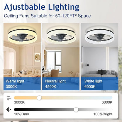 DLLT LED Ceiling Fan with Light: 16" Modern Low Profile Flush Mount Fandelier with App & Remote Control - Dimmable Black Bladeless Fan Light Fixture for Bedroom Kids Room Living Room