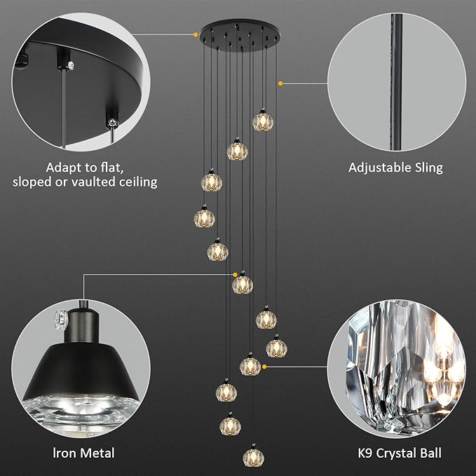 Weesalife Crystal Chandeliers for Staircases, 12-Light Black Modern Chandeliers for High Ceilings，Crystal Pendant Light Fixture for Living Room Kitchen Island Foyer Hallway Bar