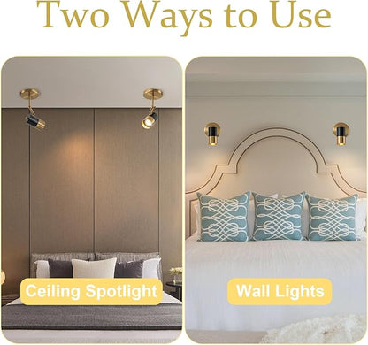 Modern Ceiling Spotlight, Gu10 Spot Lights Indoor with 350° Pivoting, 2-Packs Adjustable Directional Spotlight Indoor, Black and Gold Ceiling/Wall Light for Gallery, Cabinet, Hallway