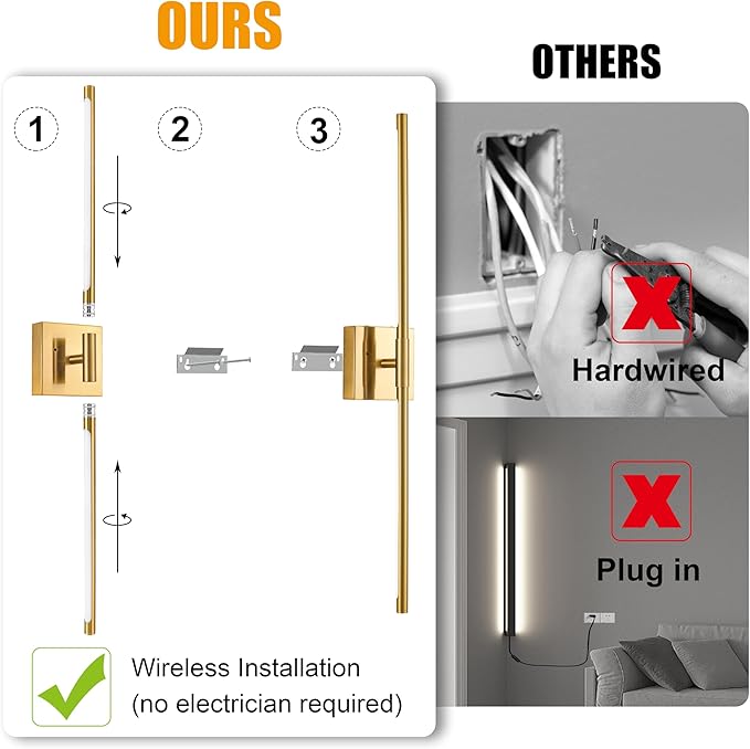 Morauroral Gold Battery Operated Wall Sconces, Dimmable Wall Sconces with Remote Control, Rechargeable Sconces Wall Lighting, 24″ LED Wireless Wall Lights for Bedroom, Living Room, Bathroom, Hallways