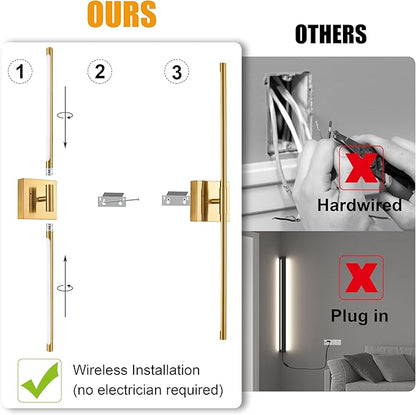 Morauroral Gold Battery Operated Wall Sconces, Dimmable Wall Sconces with Remote Control, Rechargeable Sconces Wall Lighting, 24″ LED Wireless Wall Lights for Bedroom, Living Room, Bathroom, Hallways