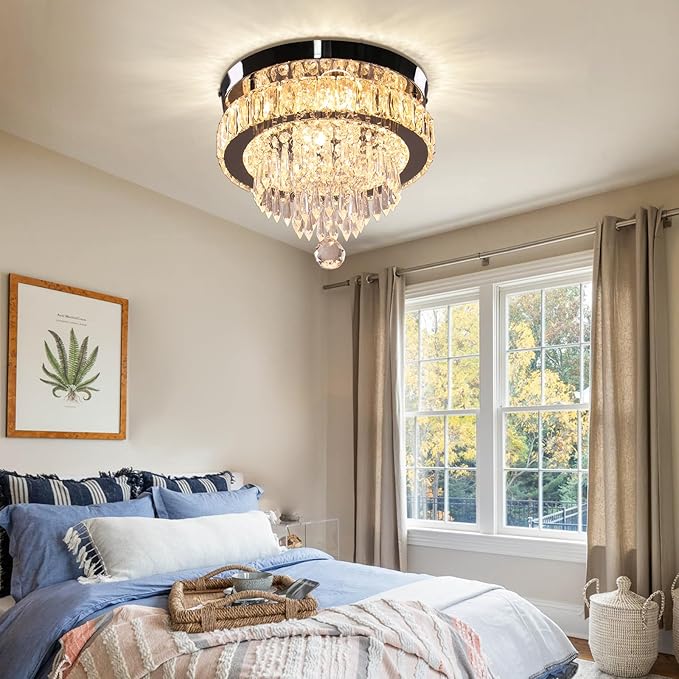 Finktonglan 11.8" Crystal Chandeliers, Modern Crystal Ceiling Light LED Small Chandeliers Semi Flush Mount Chandelier Room Light for Bedrooms Living Room Hallway (2700K Warm Light)
